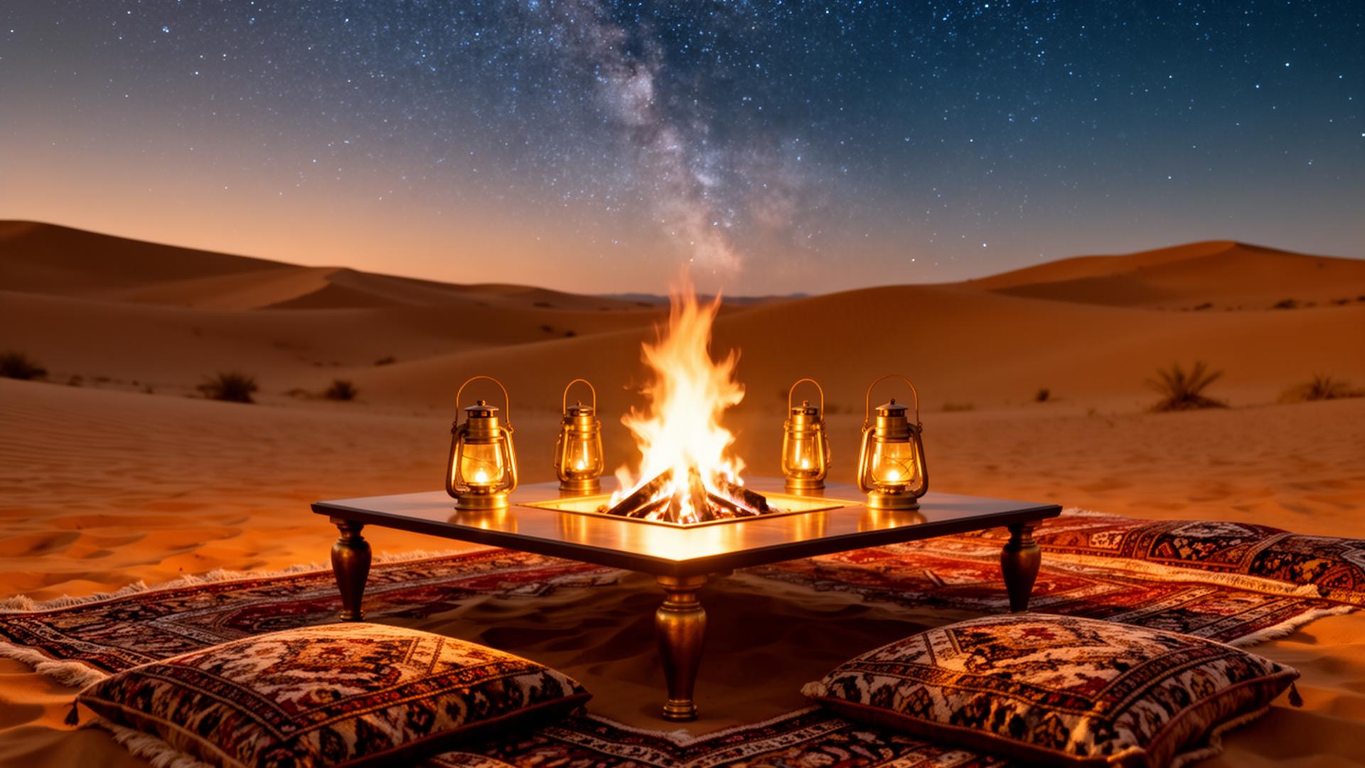 Luxury Dubai desert dining experience with fire pit under the stars