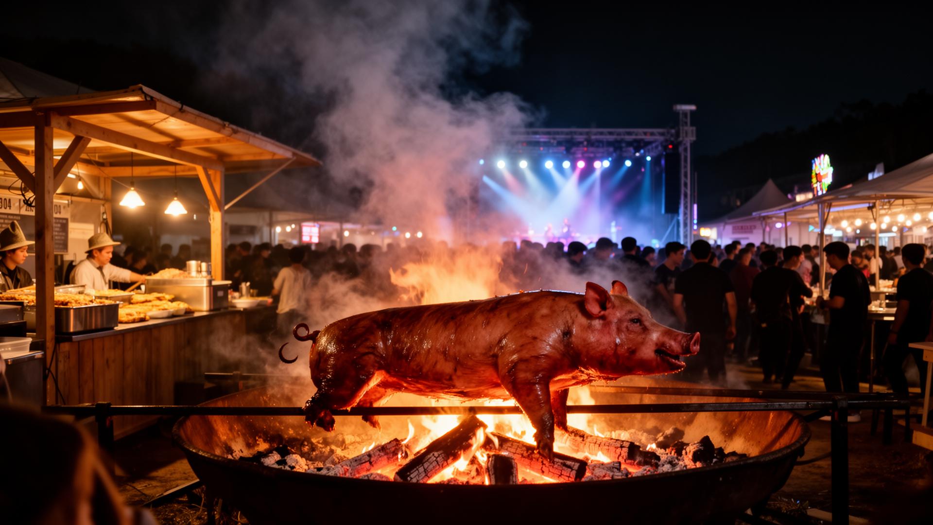 Festival hog roast stall with crowd and stage lights