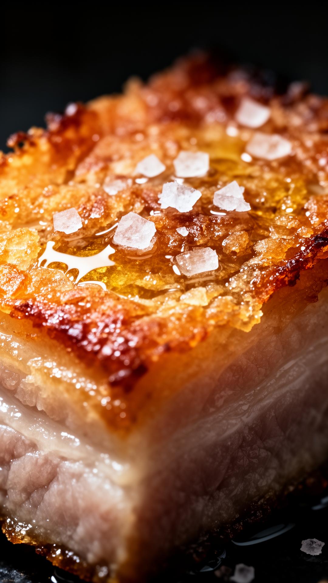 Macro shot of golden pork crackling with sea salt
